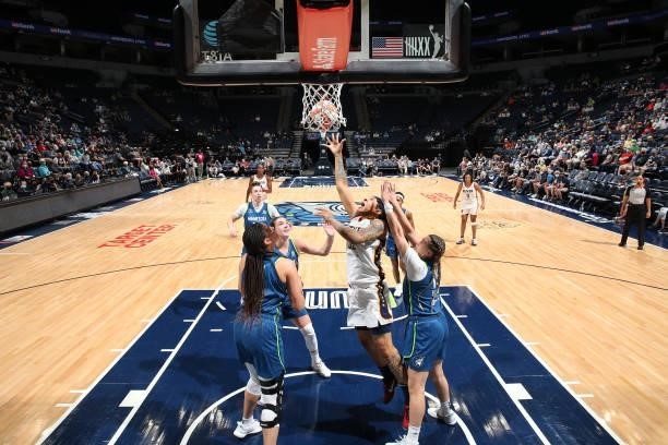 Emma Cannon of the Indiana Fever drives to the basket during the game against the Minnesota Lynx on September 10, 2021 at Target Center in...
