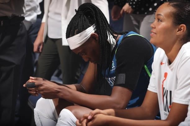 Sylvia Fowles of the Minnesota Lynx looks on before the game against the Indiana Fever on September 10, 2021 at Target Center in Minneapolis,...