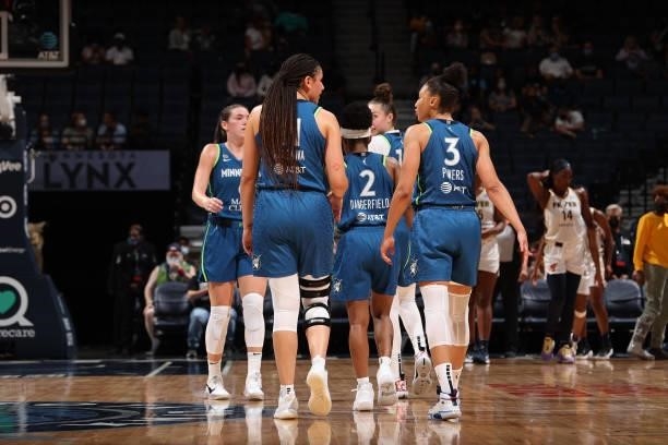 Natalie Achonwa and Aerial Powers of the Minnesota Lynx talk during the game against the Indiana Fever on September 10, 2021 at Target Center in...