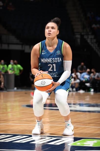 Kayla McBride of the Minnesota Lynx shoots a free throw during the game against the Indiana Fever on September 10, 2021 at Target Center in...