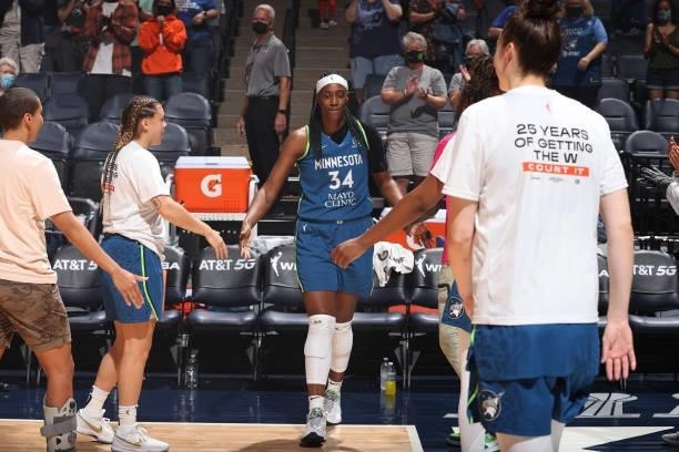 Sylvia Fowles of the Minnesota Lynx is introduce before the game against the Indiana Fever on September 10, 2021 at Target Center in Minneapolis,...