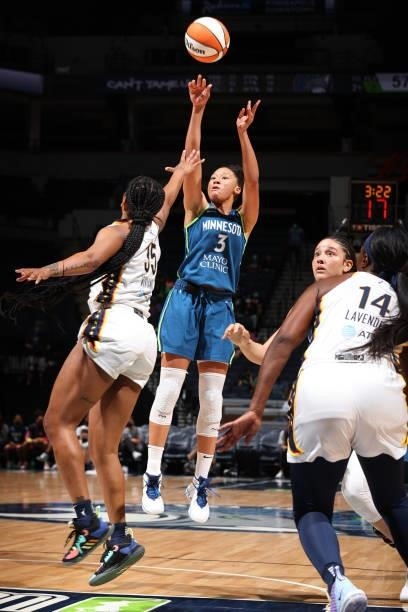 Aerial Powers of the Minnesota Lynx shoots the ball during the game against the Indiana Fever on September 10, 2021 at Target Center in Minneapolis,...