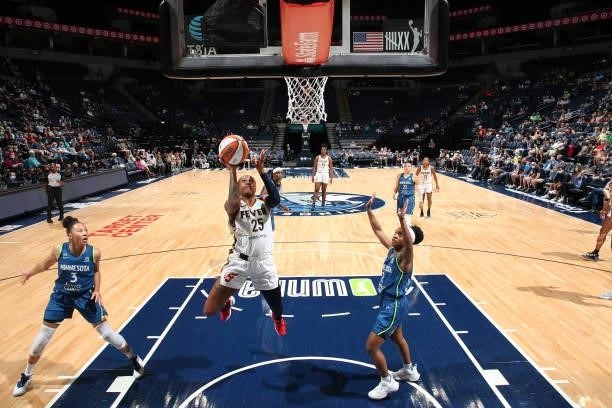 Tiffany Mitchell of the Indiana Fever drives to the basket during the game against the Minnesota Lynx on September 10, 2021 at Target Center in...