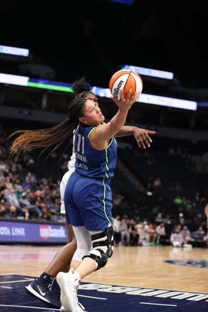Natalie Achonwa of the Minnesota Lynx rebounds the ball during the game against the Indiana Fever on September 10, 2021 at Target Center in...