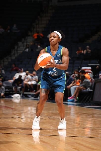 Crystal Dangerfield of the Minnesota Lynx shoots a three point basket during the game against the Indiana Fever on September 10, 2021 at Target...
