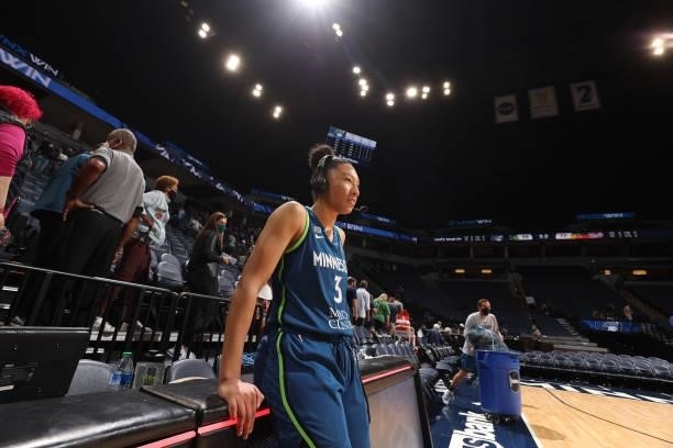 Aerial Powers of the Minnesota Lynx talks to the media after the game against the Indiana Fever on September 10, 2021 at Target Center in...