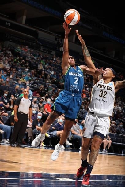 Crystal Dangerfield of the Minnesota Lynx drives to the basket during the game against the Indiana Fever on September 10, 2021 at Target Center in...