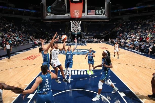 Kelsey Mitchell of the Indiana Fever during the game during the game against the Minnesota Lynx on September 10, 2021 at Target Center in...