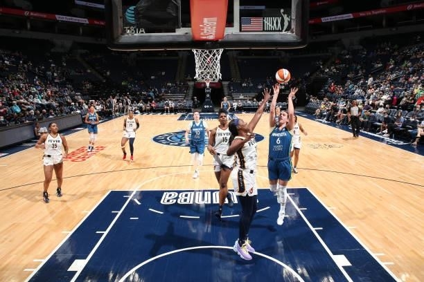 Bridget Carleton of the Minnesota Lynx drives to the basket during the game against the Indiana Fever on September 10, 2021 at Target Center in...