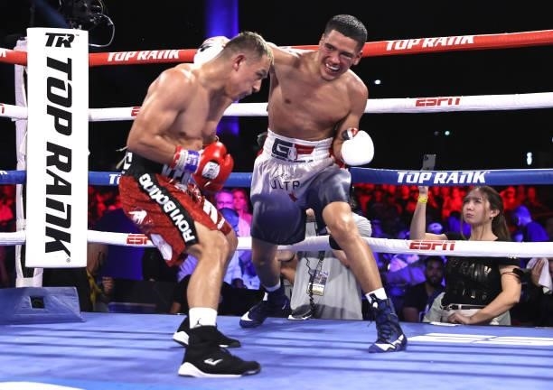 Luis Alberto Lopez and Gabriel Flores Jr exchange punches during their fight at Casino del Sol on September 10, 2021 in Tucson, Arizona.