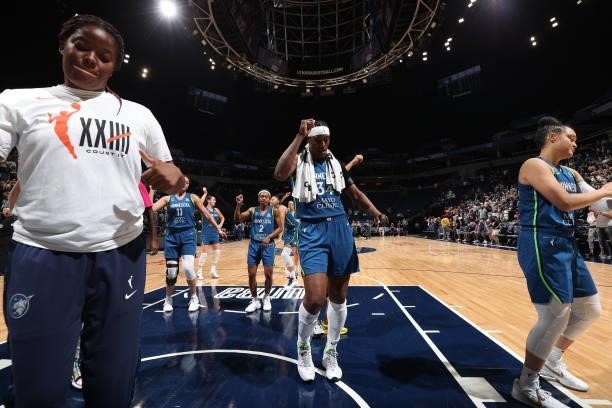 Sylvia Fowles of the Minnesota Lynx celebrates a win after the game against the Indiana Fever on September 10, 2021 at Target Center in Minneapolis,...