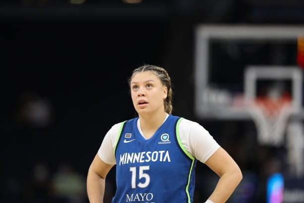 Rachel Banham of the Minnesota Lynx looks on during the game against the Indiana Fever on September 10, 2021 at Target Center in Minneapolis,...