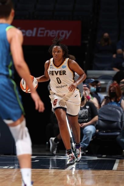 Kelsey Mitchell of the Indiana Fever dribbles the ball during the game against the Minnesota Lynx on September 10, 2021 at Target Center in...
