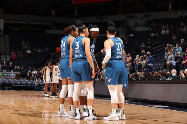 The Minnesota Lynx huddle up before the game against the Indiana Fever on September 10, 2021 at Target Center in Minneapolis, Minnesota. NOTE TO...