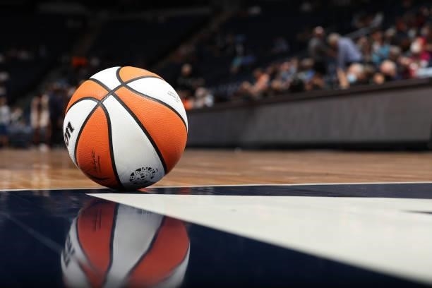 General view of the Wilson ball used during the game between the Indiana Fever and the Minnesota Lynx on September 10, 2021 at Target Center in...