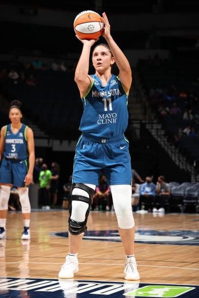 Natalie Achonwa of the Minnesota Lynx shoots a free throw during the game against the Indiana Fever on September 10, 2021 at Target Center in...