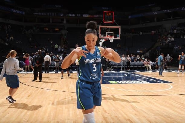 Aerial Powers of the Minnesota Lynx celebrates a win after the game against the Indiana Fever on September 10, 2021 at Target Center in Minneapolis,...