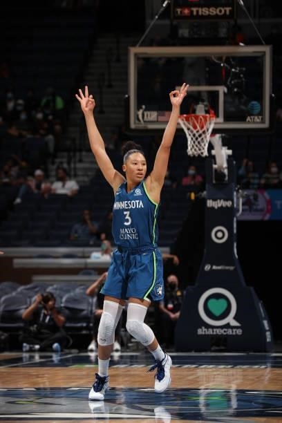 Aerial Powers of the Minnesota Lynx celebrates a three point basket during the game against the Indiana Fever on September 10, 2021 at Target Center...