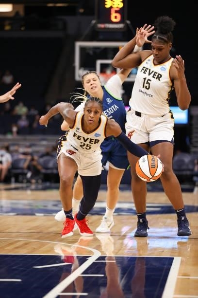 Tiffany Mitchell of the Indiana Fever handles the ball during the game against the Minnesota Lynx on September 10, 2021 at Target Center in...