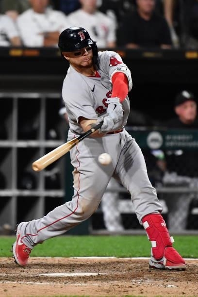 Christian Vázquez of the Boston Red Sox grounds out for an RBI in the seventh inning against the Chicago White Sox at Guaranteed Rate Field on...