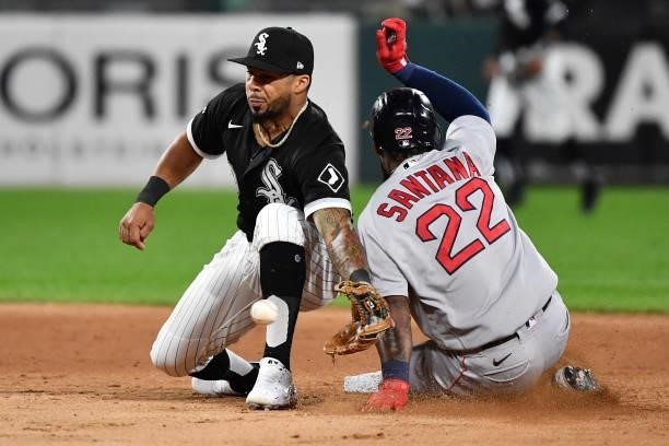 Danny Santana of the Boston Red Sox steals second base in the seventh inning as Leury García of the Chicago White Sox takes the throw at Guaranteed...