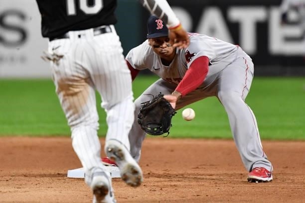 Rafael Devers of the Boston Red Sox takes the throw at second base to force out Brian Goodwin of the Chicago White Sox in the sixth inning at...