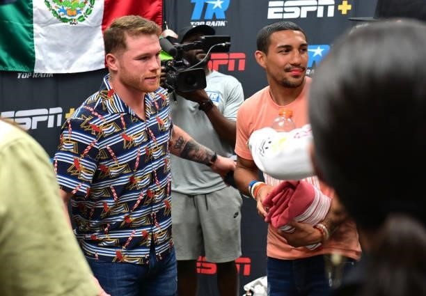 Canelo Alvarez and Teofimo Lopez attend fight night between WBC super featherweight champion Oscar Valdez and Robson Conceição at Casino del Sol on...