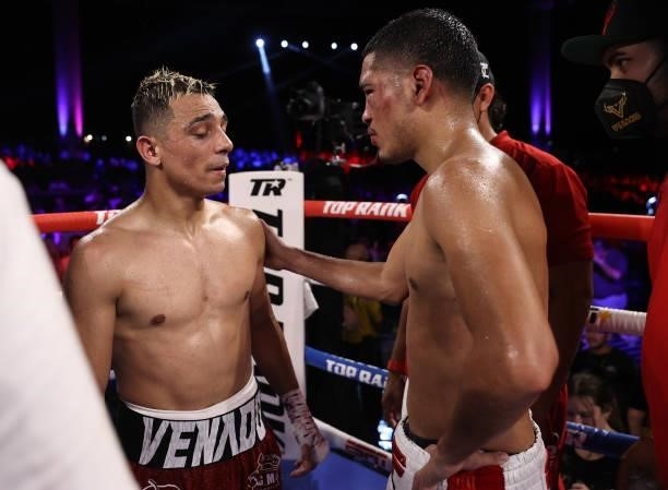 Luis Alberto Lopez and Gabriel Flores Jr exchange words after their fight at Casino del Sol on September 10, 2021 in Tucson, Arizona.