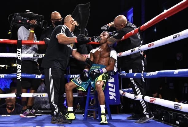 Robson Conceição in his corner during his fight with Oscar Valdez for the WBC super featherweight championship at Casino del Sol on September 10,...