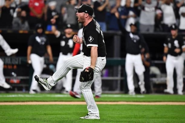 Pitcher Liam Hendriks of the Chicago White Sox celebrates the final out against the Boston Red Sox at Guaranteed Rate Field on September 10, 2021 in...