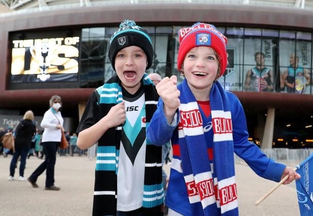Young fans before the game during the 2021 AFL Second Preliminary Final match between the Port Adelaide Power and the Western Bulldogs at Adelaide...