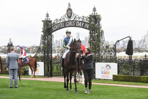 Floating Artist ridden by Teodore Nugent returns to the mounting yard after winning the Very Special Kids Pin and Win Plate at Flemington Racecourse...