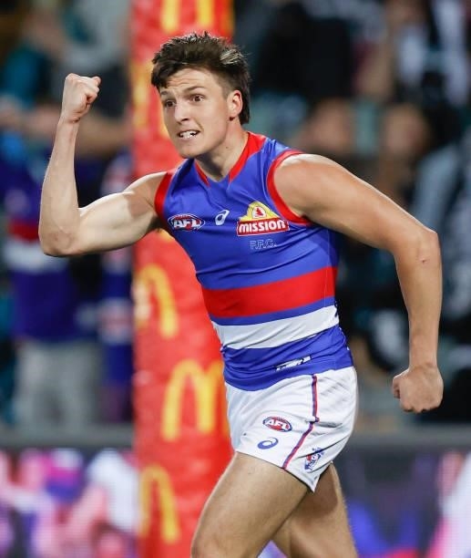 Laitham Vandermeer of the Bulldogs celebrates a goal during the 2021 AFL Second Preliminary Final match between the Port Adelaide Power and the...