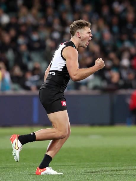 Dan Houston of the Power celebrates a goal during the 2021 AFL Second Preliminary Final match between the Port Adelaide Power and the Western...