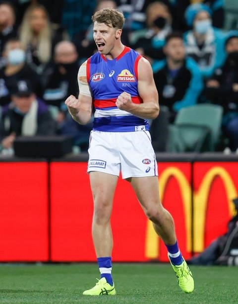 Mitch Hannan of the Bulldogs celebrates a goal during the 2021 AFL Second Preliminary Final match between the Port Adelaide Power and the Western...