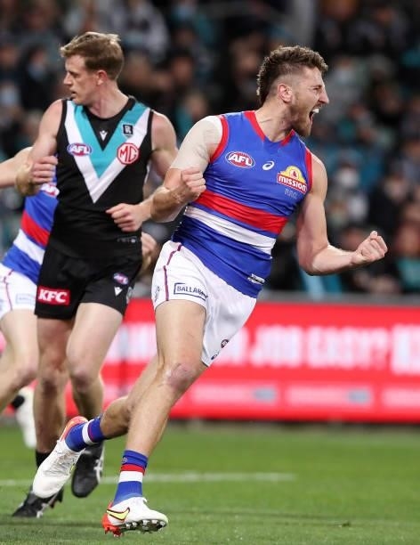 Marcus Bontempelli of the Bulldogs celebrates a goal during the 2021 AFL Second Preliminary Final match between the Port Adelaide Power and the...