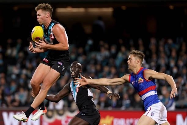 Dan Houston of the Power marks in front of Josh Schache of the Bulldogs during the 2021 AFL Second Preliminary Final match between the Port Adelaide...