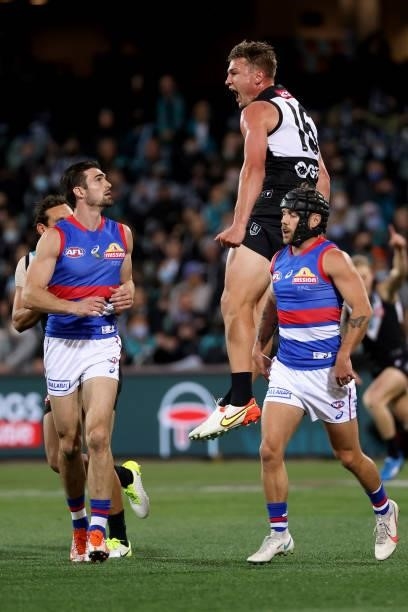 Ollie Wines of the Power celebrates a goal during the 2021 AFL Second Preliminary Final match between the Port Adelaide Power and the Western...