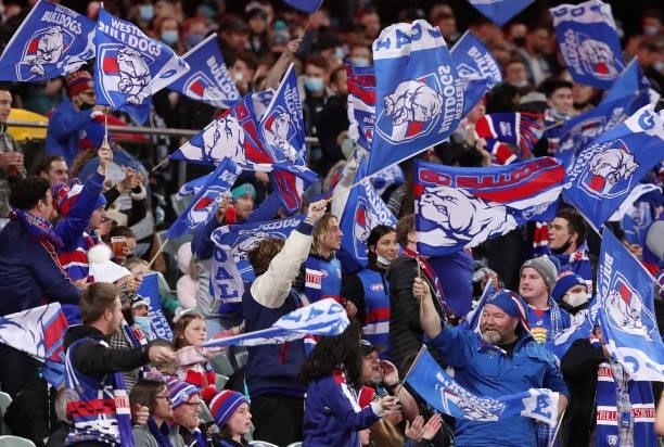 Bulldogs fans celebrate another goal during the 2021 AFL Second Preliminary Final match between the Port Adelaide Power and the Western Bulldogs at...