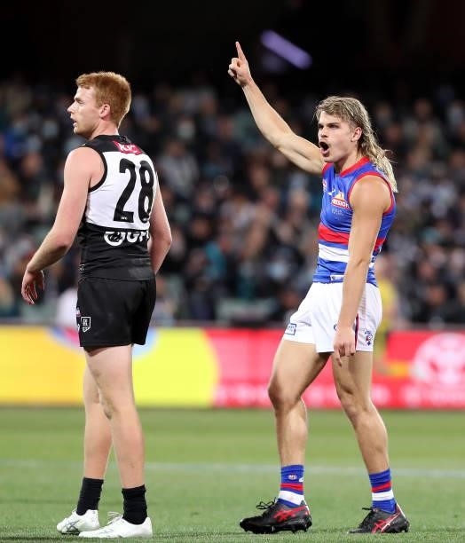 Bailey Smith of the Bulldogs celebrates a goal during the 2021 AFL Second Preliminary Final match between the Port Adelaide Power and the Western...
