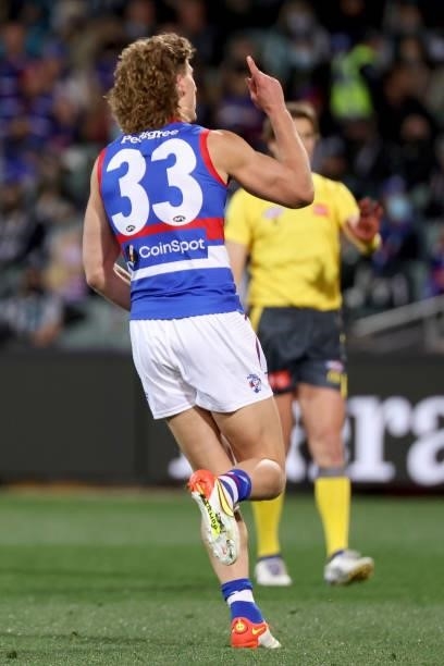 Aaron Naughton of the Bulldogs celebrates a goal during the 2021 AFL Second Preliminary Final match between the Port Adelaide Power and the Western...