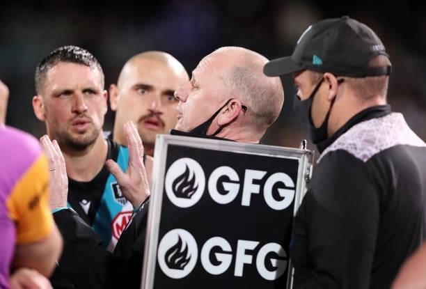 Ken Hinkley, Senior Coach of the Power at quarter time during the 2021 AFL Second Preliminary Final match between the Port Adelaide Power and the...