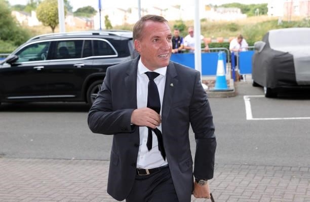 Leicester City Manager Brendan Rodgers arrives ahead of the Premier League match between Leicester City and Manchester City at King Power Stadium on...