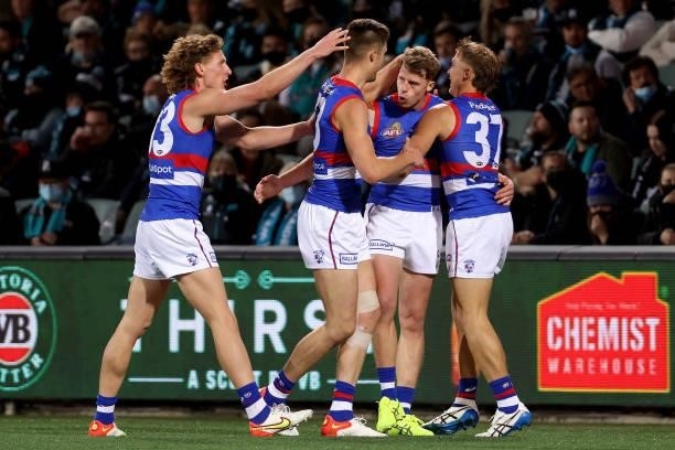 Mitch Hannan of the Bulldogs celebrates a goal during the 2021 AFL Second Preliminary Final match between the Port Adelaide Power and the Western...