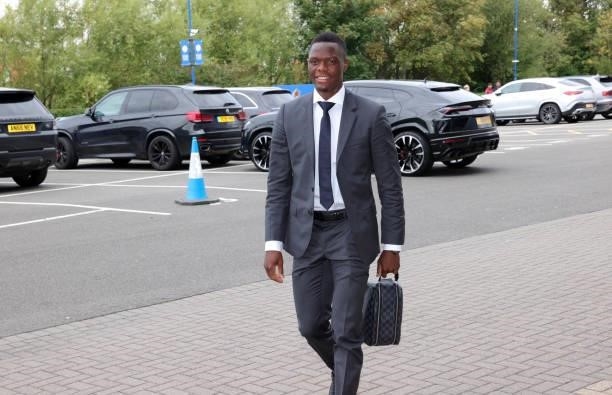 Patson Daka of Leicester City arrives ahead of the Premier League match between Leicester City and Manchester City at King Power Stadium on September...