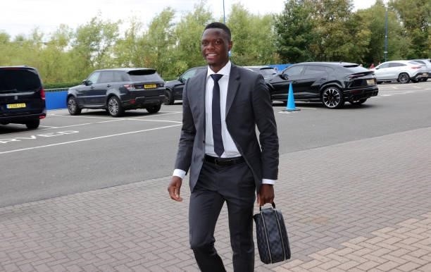 Patson Daka of Leicester City arrives ahead of the Premier League match between Leicester City and Manchester City at King Power Stadium on September...