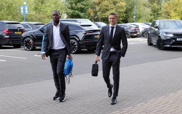 Boubakary Soumaré of Leicester City and Timothy Castagne of Leicester City arrive ahead of the Premier League match between Leicester City and...