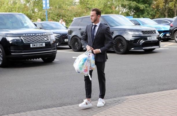 James Maddison of Leicester City arrives ahead of the Premier League match between Leicester City and Manchester City at King Power Stadium on...