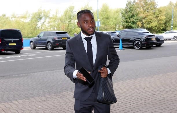 Ademola Lookman of Leicester City arrives ahead of the Premier League match between Leicester City and Manchester City at King Power Stadium on...