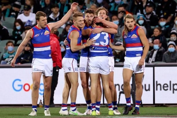 Marcus Bontempelli of the Bulldogs celebrates a goal during the 2021 AFL Second Preliminary Final match between the Port Adelaide Power and the...